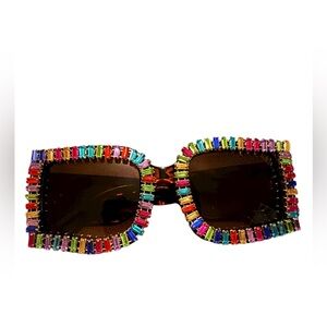 Tortoiseshell Square Sunglasses with Multicolor Rhinestones